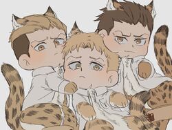  3boys animal_ears animal_feet animal_hands blonde_hair blush boy_sandwich brothers brown_hair cheek_press chibi feet_out_of_frame highres jaguar_boy jaguar_ears jaguar_tail kemonomimi_mode male_focus marcel_galliard marley_military_uniform monster_boy multiple_boys porco_galliard reiner_braun sandwiched shingeki_no_kyojin short_hair siblings smile tail tiger_boy tiger_ears tiger_tail zunkome 