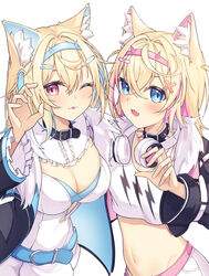  2girls :3 animal_ears belt belt_collar black_collar black_jacket blonde_hair blue_belt blue_eyes blue_hair blush breasts cleavage closed_mouth collar cropped_jacket cropped_shirt fur-trimmed_jacket fur_trim fuwawa_abyssgard fuwawa_abyssgard_(1st_costume) hair_ornament hairpin highres hololive hololive_english jacket large_breasts looking_at_viewer midriff mococo_abyssgard mococo_abyssgard_(1st_costume) multicolored_hair multiple_girls navel open_mouth pink_belt pink_eyes pink_hair rooby_n shirt short_shorts shorts siblings sisters skirt skirt_set small_breasts spiked_collar spikes streaked_hair tongue tongue_out twins virtual_youtuber white_background white_shirt white_shorts white_skirt x_hair_ornament 