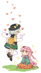  2girls artist_name black_headwear blue_neckwear blue_ribbon blush bouquet bow brown_eyes brown_footwear bubble_skirt eyeball flower frilled_sleeves frills gift grass green_shirt green_skirt grey_hair hat hat_bow hat_ribbon hata_no_kokoro heart heart_of_string highres komeiji_koishi leaf long_hair long_sleeves mask mask_on_head multiple_girls noh_mask open_mouth orange_skirt pink_hair plaid plaid_shirt plug_(feng-yushu) ribbon shirt shoes short_hair skirt smile string third_eye touhou wavy_hair wide_sleeves yellow_bow yellow_ribbon yellow_shirt 