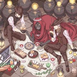  3boys apple arizuka_(catacombe) baguette basket black_gloves black_hair blanket bloodborne boots bread cheese cloak closed_eyes closed_mouth commentary_request cookie cup dark-skinned_male dark_skin doughnut fire flower food fork fruit gloves grapes hat head_wreath highres holding holding_cup holding_food holding_hands hunter_(bloodborne) jam jar knife lamp long_sleeves looking_at_another matchbox matches missing_tooth multiple_boys oedon_chapel_dweller open_mouth pants picnic pie pie_slice plate pot red_cloak sandwich saucer shirt sitting sleeves_rolled_up smile stone_floor strawberry suitcase tea teacup tile_floor tiles tricorne vest white_flower white_hair white_shirt yellow_eyes 