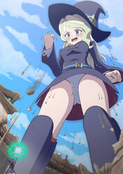  2girls absurdres angry ass belt blonde_hair blue_eyes blue_sky blush boots breasts brown_hair casting_spell clenched_hand clenched_hands cloud commentary day debris destruction diana_cavendish dress embarrassed english_commentary fist_shaking giant giantess gradient_hair green_hair hat highres jenny_secret kagari_atsuko little_witch_academia long_hair looking_at_another looking_down luna_nova_school_uniform magic medium_breasts multicolored_hair multiple_girls open_mouth panties pantyshot purple_dress rubble school_uniform size_difference sky thighs underwear v-shaped_eyebrows wand white_panties witch witch_hat 