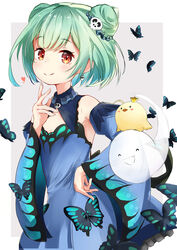  absurdres animal_print bird blue_dress blue_sleeves blush bow brooch bug butterfly butterfly_print chick closed_mouth detached_collar detached_sleeves double_bun dress dress_bow earrings fandead_(uruha_rushia) female fingernails flat_chest green_hair hair_bun hair_ornament hand_on_own_hip highres hololive jewelry juliet_sleeves long_sleeves looking_at_viewer orange_eyes piyoko_(uruha_rushia) puffy_sleeves short_dress short_hair skull_brooch skull_earrings skull_hair_ornament smile solo spice_mega strapless strapless_dress uruha_rushia uruha_rushia_(1st_costume) virtual_youtuber wide_sleeves 