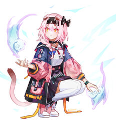  absurdres animal_ears arknights artist_name black_hairband black_skirt blush bracelet braid cat_ears cat_girl cat_tail coat electricity feline female full_body goldenglow_(arknights) hair_between_eyes hair_over_shoulder hairband high-waist_skirt highres id_card infection_monitor_(arknights) jewelry lightning_bolt_print long_hair long_sleeves looking_back open_clothes open_coat orange_eyes parted_lips petting pink_footwear pink_hair scissors scottish_fold shirt shoes shouz simple_background single_braid skirt sneakers solo squatting tail thighhighs twitter_username white_background white_shirt white_thighhighs 