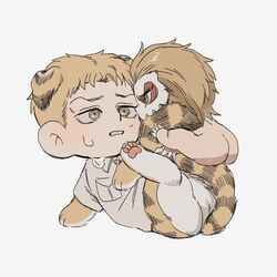  1boy animal_ears animal_feet animal_hands blonde_hair blush chibi creature full_body highres jaw_titan kemonomimi_mode legs_up male_focus marley_military_uniform monster_boy reiner_braun shingeki_no_kyojin short_hair sweatdrop tail tiger_boy tiger_ears tiger_tail titan_(shingeki_no_kyojin) zunkome 