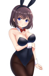  animal_ears black_hair black_leotard black_pantyhose blue_eyes bow bowtie breasts cleavage commentary_request cowboy_shot detached_collar female furutori highres large_breasts leotard looking_at_viewer original pantyhose playboy_bunny rabbit_ears red_bow red_bowtie short_hair simple_background solo strapless strapless_leotard white_background wrist_cuffs 