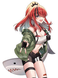  :d bandaid_on_thigh bandeau bare_shoulders black_gloves black_hair black_shorts breasts cleavage commentary_request cowboy_shot female fingerless_gloves gloves green_jacket hair_over_one_eye highres jacket lain_paterson lain_paterson_(1st_costume) large_breasts long_hair long_sleeves looking_at_viewer midriff multicolored_hair navel nijisanji off_shoulder open_clothes open_jacket open_mouth ponytail pouch purple_eyes red_hair short_shorts shorts simple_background smile solo standing stomach strapless streaked_hair stuffed_animal stuffed_shark stuffed_toy suspenders thigh_strap thighs tube_top very_long_hair virtual_youtuber white_background yuuhi_mika 