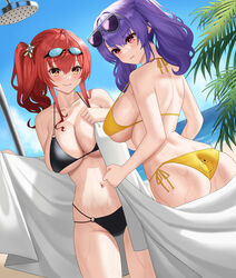  2girls absurdres ass aviator_sunglasses azur_lane bare_shoulders beach bikini black_bikini blue_sky blush breasts cleavage curvy day dutch_angle eyewear_on_head fujioni goggles goggles_on_head hair_between_eyes halterneck highres holding holding_towel italian_flag large_breasts multi-strapped_bikini multi-strapped_bikini_bottom multiple_girls navel o-ring o-ring_bikini ocean official_alternate_costume orange_eyes outdoors pink_eyes pola_(azur_lane) pola_(seaside_coincidence)_(azur_lane) print_bikini purple_hair red_hair same-sex_bathing sand shared_bathing shore shower_head side-tie_bikini_bottom side_ponytail sideboob sky smile sunglasses swimsuit thighs towel twintails underboob water wet yellow_bikini zara_(azur_lane) zara_(poolside_coincidence)_(azur_lane) 