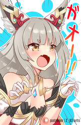  :o animal_ear_fluff animal_ears artist_name bare_shoulders breasts brown_eyes claw_pose commentary dress emphasis_lines english_commentary fangs female gloves grey_hair hands_up highres long_hair nia_(blade)_(xenoblade) nia_(xenoblade) open_mouth patreon_logo patreon_username short_eyebrows small_breasts solo thick_eyebrows translation_request v-shaped_eyebrows white_dress white_gloves xenoblade_chronicles_(series) xenoblade_chronicles_2 z-ki 