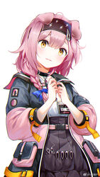  animal_ears arknights artist_name black_choker black_hairband black_skirt blue_bow blush bow braid cat_ears choker cigarette_p coat cowboy_shot eyebrows_hidden_by_hair female goldenglow_(arknights) hairband hairbow head_tilt high-waist_skirt highres id_card lightning_bolt_print long_hair long_sleeves looking_at_viewer multicolored_coat open_clothes open_coat own_hands_together parted_lips pink_hair scissors shirt side_braid simple_background skirt smile solo two-tone_coat weibo_watermark white_background white_shirt yellow_eyes 