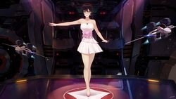  alexiel_(pixiv6211566) blush breasts bridge brown_eyes brown_hair choujikuu_yousai_macross cockpit commentary emblem female flying highres holding holding_microphone logo long_hair lynn_minmay machinery macross macross:_do_you_remember_love? mecha microphone open_mouth robot roundel science_fiction sdf-1 skirt solo space spacecraft spacecraft_interior thighs thrusters u.n._spacy variable_fighter vf-1 vf-1_super 