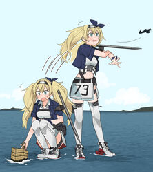  2girls annin_musou bad_id bad_twitter_id blonde_hair blue_eyes blush collarbone commentary dd_tank f4u_corsair fairy_(kancolle) flight_deck flying_sweatdrops gambier_bay_(kancolle) gambier_bay_mk_ii_(kancolle) hair_between_eyes half-skirt kantai_collection long_hair m4_sherman m4a1_dd military military_vehicle motor_vehicle multiple_girls multiple_views ocean open_mouth rudder_footwear short_sleeves standing standing_on_liquid tank thighhighs twintails white_legwear 