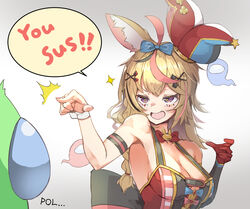  ahoge among_us animal_ears bare_shoulders blonde_hair blue_(among_us) blush bow braid breasts cleavage club_(shape) club_hair_ornament commentary_request crewmate_(among_us) diamond_hair_ornament elbow_gloves female fox_ears ghost_(among_us) gloves hair_between_eyes hair_ornament hat heart heart_hair_ornament highres hololive jester_cap large_breasts lime_(among_us) long_hair moritatsu multicolored_hair oerba_yun_fang omaru_polka omaru_polka_(1st_costume) open_mouth pink_(among_us) pink_hair playing_card_theme purple_eyes rabbit_choker single_elbow_glove single_glove smile spacesuit spade_(shape) spade_hair_ornament star-shaped_pupils star_(symbol) streaked_hair symbol-shaped_pupils upper_body virtual_youtuber 