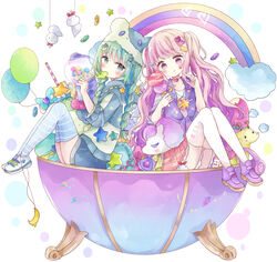  2girls absurdres animal_ears animal_hat arrow_(projectile) arrow_through_heart bad_id bad_pixiv_id balloon bandaid blue_hair blue_hoodie blue_thighhighs braid candy candy_hair_ornament candy_wrapper chewing_gum cloud commentary double_scoop fake_animal_ears food food-themed_hair_ornament frilled_pillow frills fruit glasses green_eyes green_hair green_headwear hair_ornament hat heart heart-shaped_eyewear heart_hair_ornament highres holding holding_food hood hood_down hoodie ice_cream ice_cream_cone jacket knees_up lollipop long_hair multicolored_hair multiple_girls original pillow pink_hair pink_skirt pleated_skirt purple_eyes purple_footwear purple_jacket rainbow shirt shoes skirt star_(symbol) strawberry streaked_hair striped_clothes striped_thighhighs stuffed_animal stuffed_giraffe stuffed_toy stuffed_unicorn swirl_lollipop symbol-only_commentary teruterubouzu thighhighs tsukiyo_(skymint) twin_braids twintails unworn_eyewear very_long_hair white_background white_footwear white_legwear white_shirt 