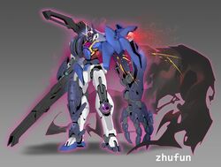  absurdres damaged energy_gun extra_eyes fusion gn_drive grey_background gun gundam gundam_00_sky gundam_build_divers gundam_build_divers_re:rise gundam_seltsam highres holding holding_gun holding_weapon mask mecha multiple_views no_humans pink_eyes redesign robot science_fiction unworn_cloak v-fin weapon zhu_fun 