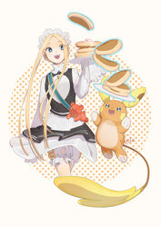  :d abigail_williams_(fate) abigail_williams_(festival_outfit)_(fate) absurdres alolan_raichu aqua_eyes bad_id bad_twitter_id blonde_hair bloomers border commentary_request crossover eyelashes fate/grand_order fate_(series) female food glowing hand_up happy headdress highres kyojo128 long_sleeves official_alternate_costume open_mouth pancake plate pokemon pokemon_(creature) short_hair_with_long_locks sidelocks sleeves_past_fingers sleeves_past_wrists smile teeth tongue underwear upper_teeth_only white_border 