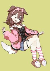  ;d animal_ears bare_shoulders black_choker black_shirt blue_shorts bow breasts brown_background brown_eyes brown_hair choker cleavage commentary_request dog_ears extra_ears female full_body fur-trimmed_jacket fur_trim hair_between_eyes hair_over_shoulder hairband hairbow hololive inugami_korone inugami_korone_(loungewear) jacket knees_up long_hair long_sleeves looking_at_viewer medium_breasts oerba_yun_fang official_alternate_costume one_eye_closed open_clothes open_jacket open_mouth pink_bow pink_hairband pink_jacket puffy_long_sleeves puffy_sleeves shadowsinking shirt short_shorts shorts simple_background slippers smile socks solo striped_clothes striped_socks thick_eyebrows virtual_youtuber white_footwear 