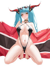  absurdres azur_lane black_slingshot_swimsuit blue_hair breasts choker criss-cross_halter dragon_girl eyewear_on_head female flag full_body halterneck highres holding holding_flag horns large_breasts long_hair looking_at_viewer mechanical_horns nanqizizhou official_alternate_costume regensburg_(azur_lane) regensburg_(dark_dragon_brilliant_beach)_(azur_lane) semi-circular_eyewear simple_background slingshot_swimsuit slit_pupils solo spiked_choker spikes stomach swimsuit twintails wet white_background yellow_eyes 