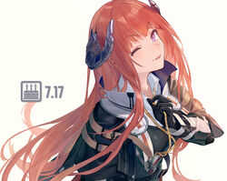  arknights bagpipe_(arknights) birthday black_gloves dated dragon_horns female gloves highres horns id_card long_hair long_sleeves looking_at_viewer one_eye_closed orange_hair parted_lips purple_eyes simple_background smile solo u_jie uniform upper_body very_long_hair white_background 