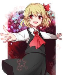  ascot black_skirt blonde_hair blouse blush bow bowtie female hair_ribbon hairbow long_sleeves makotono_(makotono_00) open_mouth outstretched_arms red_ascot red_bow red_eyes red_ribbon ribbon rumia shirt short_hair skirt skirt_set smile solo spread_arms star_(symbol) teeth touhou vest white_shirt wing_collar 