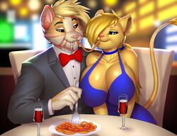  2020 alcohol anthro beverage big_breasts black_tie_(suit) blonde_hair blue_clothing blue_dress blue_eyes bow_tie breasts cleavage clothed clothing curvy_figure date detailed_background digital_media_(artwork) dress duo eyelashes fangs felid feline female food fur furniture hair hi_res huge_breasts kristy_winters_(lildredre) lion long_hair male male/female mammal pak009 pantherine pasta public restaurant romantic romantic_ambiance romantic_couple romantic_dinner sabertooth_(anatomy) sitting smile spaghetti suit table teeth voluptuous wine 