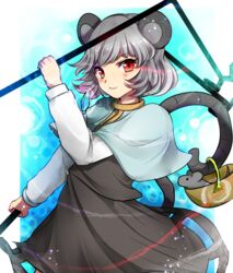  animal_ears basket capelet dowsing_rod dress female grey_dress grey_hair grey_skirt grey_vest jewelry long_sleeves looking_at_viewer makotono_(makotono_00) mouse_(animal) mouse_ears mouse_tail nazrin pendant red_eyes shirt short_hair skirt skirt_set solo tail touhou undefined_fantastic_object vest white_shirt 