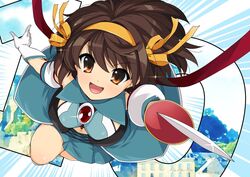  breasts brown_eyes brown_hair commentary countdown detached_sleeves female gloves hairband haruhisky looking_at_viewer medium_breasts open_mouth ribbon smile solo superheroine_haruhi suzumiya_haruhi suzumiya_haruhi_no_tomadoi suzumiya_haruhi_no_yuuutsu sword weapon white_gloves yellow_hairband yellow_ribbon 