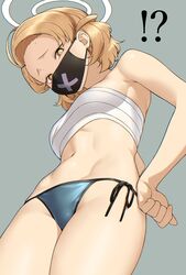  !? bare_arms bare_shoulders bikini blonde_hair blue_archive breasts chest_sarashi commentary_request female forehead from_below groin halo hand_on_own_hip hatakenaka_(kamagabuchi) highres looking_at_viewer mask medium_breasts mole mole_on_forehead mouth_mask navel parted_bangs sarashi short_hair side-tie_bikini_bottom simple_background solo string_bikini sukeban_(mg)_(blue_archive) swimsuit wavy_hair yellow_eyes 