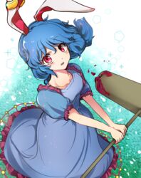  ambiguous_red_liquid animal_ears blue_dress blue_hair blue_skirt blush dress earclip female floating_hair floppy_ears frilled_dress frills from_above legacy_of_lunatic_kingdom makotono_(makotono_00) mallet open_mouth rabbit_ears red_eyes seiran_(touhou) skirt solo touhou 