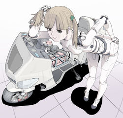  black_eyes blonde_hair cyborg female highres holding holding_own_hair kickstand leaning_forward looking_at_viewer motor_vehicle motorcycle original smile solo sukabu twintails 