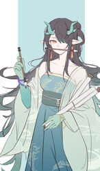  absurdres alternate_costume arknights black_hair calligraphy_brush chinese_clothes chinese_commentary collarbone colored_skin commentary_request dragon_horns dress dusk_(arknights) earrings feet_out_of_frame female gemi_25 gradient_hair green_dress green_hair green_skin hair_over_one_eye highres holding holding_brush holding_paintbrush horns incredibly_absurdres jewelry long_hair long_sleeves looking_at_viewer mouth_hold multicolored_hair off_shoulder open_clothes orange_eyes paintbrush pointy_ears sash scroll see-through single_bare_shoulder solo standing strapless strapless_dress streaked_hair very_long_hair wide_sleeves 