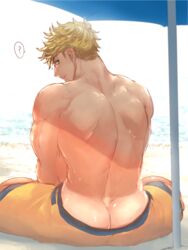  1boy ? ass back bara beach beach_umbrella blonde_hair day granblue_fantasy green_eyes looking_back male_focus male_swimwear muscular muscular_male official_alternate_costume orange_male_swimwear outdoors sand short_hair sitting solo sumo_fck tan tanlines umbrella undercut vane_(granblue_fantasy) vane_(summer)_(granblue_fantasy) water 