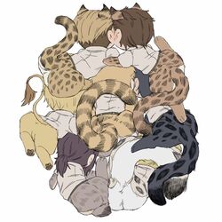  5boys absurdres animal_ears animal_feet animal_hands annie_leonhart bertolt_hoover blonde_hair blush brothers brown_hair cheek-to-cheek cheetah_ears cheetah_tail chibi from_behind heads_together highres jaguar_boy jaguar_ears jaguar_girl jaguar_tail kemonomimi_mode leopard_ears leopard_tail lion_boy lion_ears lion_tail male_focus marcel_galliard marley_military_uniform monster_boy multiple_boys pieck_finger porco_galliard reiner_braun shingeki_no_kyojin short_hair siblings smile tail tiger_boy tiger_ears tiger_tail zeke_yeager zunkome 