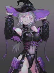  aqua_eyes belt breasts denki detached_sleeves female gradient_background grin hat large_breasts leotard long_hair multicolored_hair original pink_eyes pink_hair ponytail pouch simple_background sleeveless smile solo streaked_hair two-tone_hair white_hair witch witch_hat zipper 