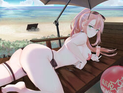  2girls ass bare_shoulders barefoot beach blush breasts chinese_commentary commentary_request eyewear_on_head g11_(girls&#039;_frontline) girls&#039;_frontline glasses green_eyes highres legs long_hair looking_at_viewer multiple_girls no_bra official_alternate_costume outdoors pink_hair r93_(girls&#039;_frontline) r93_(holiday_lucky_star)_(girls&#039;_frontline) ru_zhai sand simple_background solo_focus starfish starfish_bikini swimsuit thighs toes 