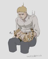  2boys animal_ears biting biting_another&#039;s_hand blonde_hair blush chibi cropped_legs highres jaguar_boy jaguar_ears jaguar_tail kemonomimi_mode male_focus motion_lines multiple_boys pectorals porco_galliard reiner_braun shingeki_no_kyojin short_hair sitting surprised tail undercut zunkome 