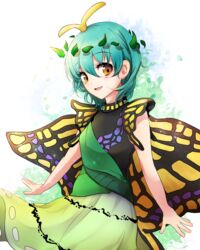  antennae aqua_hair black_shirt blush brown_eyes butterfly_wings check_commentary commentary_request dress eternity_larva female green_dress green_skirt hidden_star_in_four_seasons insect_wings leaf leaf_on_head makotono_(makotono_00) multicolored_clothes multicolored_dress open_mouth shirt short_sleeves skirt smile solo touhou wings yellow_wings 