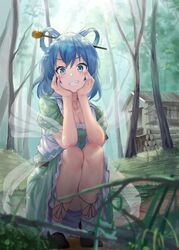  black_footwear blue_eyes blue_hair blurry blurry_foreground blush breasts cleavage collarbone commentary day depth_of_field dress female forest full_body green_dress grin hagoromo hair_ornament hair_rings hair_stick hands_on_own_cheeks hands_on_own_face highres house isemori kaku_seiga log looking_at_viewer medium_breasts medium_hair nature outdoors puffy_short_sleeves puffy_sleeves shawl shoes short_sleeves smile socks solo squatting sunlight touhou tree white_socks 