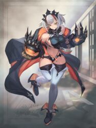  absurdres bad_id bad_pixiv_id black_jacket claw_(weapon) copyright_name female full_body gauntlets grey_hair grey_legwear grin headpiece high_heels highres jacket midriff multicolored_hair navel oerba_yun_fang pixiv_fantasia pixiv_fantasia_age_of_starlight red_hair sakazu_mekasuke short_hair smile solo standing standing_on_one_leg streaked_hair weapon yellow_eyes 