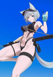  :d animal_ear_fluff animal_ears arm_strap bare_shoulders between_breasts black_gloves black_leotard blue_background blue_eyes breasts buckle covered_navel cup drink drinking_glass female fingerless_gloves food fruit gloves gradient_background grey_hair hair_ornament hairclip highres holding holding_cup impossible_clothes impossible_leotard large_breasts leg_up lemon lemon_slice leotard looking_at_viewer navel original parted_lips see-through short_hair smile solo standing standing_on_one_leg tail thigh_strap tsukira_(amayadori) 