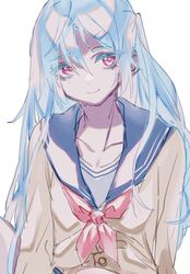  bad_id bad_pixiv_id blue_hair breasts collarbone eyes_visible_through_hair female hair_behind_ear hair_between_eyes light_blue_hair long_hair looking_to_the_side mole mole_under_eye original puchipuchi red_eyes school_uniform small_breasts smile upper_body white_background 