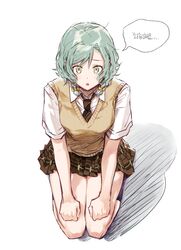  ... absurdres apologizing aqua_hair bang_dream! braid collared_shirt female green_eyes haneoka_school_uniform highres hikawa_hina korean_commentary korean_text necktie pleated_skirt school_uniform shirt short_hair short_sleeves side_braids skirt solo speech_bubble striped striped_necktie sweater_vest translated white_background white_shirt zihacheol 