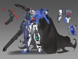  absurdres cloak damaged energy_gun gn_drive green_eyes grey_background gun gundam gundam_00_sky gundam_build_divers highres holding holding_gun holding_weapon mecha multiple_views no_humans redesign robot science_fiction v-fin weapon zhu_fun 