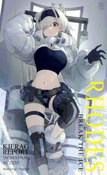  absurdres animal_ears ankle_boots arknights arm_up asymmetrical_bangs aurora_(arknights) aurora_(elite_ii)_(arknights) bear_ears belt black_gloves black_hairband blue_eyes boots breasts cleavage closed_mouth cover crop_top english_text extra_ears eyes_visible_through_hair fake_cover female gloves grey_footwear grey_shorts hair_ornament hair_over_one_eye hairband hairclip highres kiokoii knee_pads large_breasts leg_up long_bangs long_hair long_sleeves looking_at_viewer navel puffy_long_sleeves puffy_sleeves shield short_shorts shorts shrug_(clothing) solo standing stomach very_long_hair white_hair 