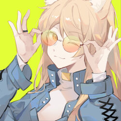  ;) adjusting_eyewear alternate_costume arknights blemishine_(arknights) blonde_hair blue_jacket chinese_commentary closed_mouth commentary_request female gemi_25 hands_on_eyewear hands_up highres jacket jewelry long_hair long_sleeves looking_at_viewer one_eye_closed open_clothes open_jacket orange-tinted_eyewear orange_eyes ponytail rimless_eyewear ring round_eyewear simple_background smile solo sunglasses sweater swept_bangs tinted_eyewear upper_body white_sweater yellow_background 