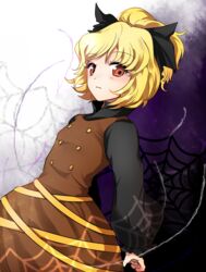  black_bow black_shirt blonde_hair blush bow brown_dress brown_eyes buttons dress female hair_ribbon hairbow kurodani_yamame makotono_(makotono_00) ribbon shirt short_hair silk solo spider_web subterranean_animism touhou 