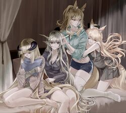  4girls absurdly_long_hair adjusting_hair alternate_costume animal_ear_fluff animal_ears aqua_hoodie arknights bare_legs bare_shoulders barefoot bed_sheet black_bow black_bra black_panties black_shirt black_shorts blemishine_(arknights) blonde_hair blunt_bangs bow bra breasts brown_eyes brushing_another&#039;s_hair brushing_hair cleavage closed_eyes closed_mouth collarbone comb curtains dolphin_shorts drawstring floating_hair grey_hair hair_focus hair_spread_out hairbow hand_in_another&#039;s_hair hands_in_hair highres holding holding_another&#039;s_hair hood hood_down horns horse_ears horse_girl horse_tail hug hug_from_behind hugging_object indoors kneeling large_breasts lingerie long_hair long_sleeves looking_at_viewer looking_back multiple_girls nearl_(arknights) nightgown nightingale_(arknights) okome_(okome9219) on_bed panties parted_lips pillow pillow_hug pointy_ears see-through shining_(arknights) shirt shorts siblings sisters sitting sleeping sleeping_upright sleeves_past_wrists smile strap_slip tail thighhighs tying_hair underwear underwear_only very_long_hair white_thighhighs 