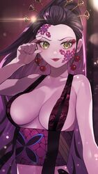  arm_at_side beads black_hair blurry breasts cleavage commentary_request daki_(kimetsu_no_yaiba) depth_of_field eyelashes eyeliner facial_mark female glint green_eyes hair_ornament hair_pulled_back hair_stick hand_up highres japanese_clothes kimetsu_no_yaiba large_breasts light_particles lipstick long_hair looking_at_viewer makeup mihashi_(re4_glo) multicolored_hair nail_polish obi pink_hair ponytail revealing_clothes sash smile solo symbol_in_eye text_in_eyes two-tone_hair upper_body 