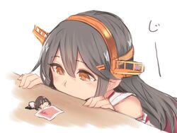  2girls bare_shoulders black_hair blush chibi closed_eyes detached_sleeves female_admiral_(kancolle) giant giantess hair_between_eyes hairband haruna_(kancolle) headgear japanese_clothes kantai_collection long_hair multiple_girls nontraditional_miko simple_background sleeping utopia white_background yellow_eyes 