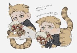  1boy animal_ears animal_feet animal_hands armored_titan biting blonde_hair blush chibi collage ear_down formal full_body highres kemonomimi_mode male_focus monster_boy necktie reiner_braun shingeki_no_kyojin short_hair spoilers tail tiger_boy tiger_ears tiger_tail titan_(shingeki_no_kyojin) translation_request zunkome 