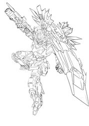  clenched_hand energy_gun greyscale gun gundam gundam_unicorn highres holding holding_gun holding_weapon line_art looking_down mecha monochrome no_humans nt-d robot sa/tsu/ki science_fiction shield solo unicorn_gundam_banshee v-fin weapon white_background 